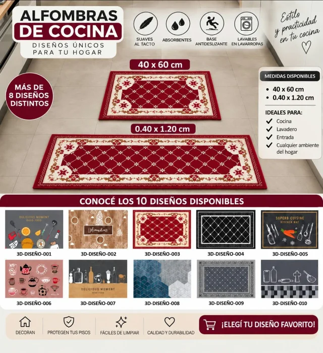 Set Alfombras de Cocina 
marca Menucha 
set X 2 Piezas Set X 3 Piezas
