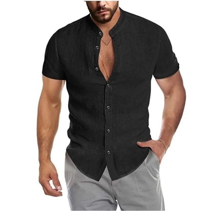 Camisa Lino Hombre Color Manga Corta - Imagen 2