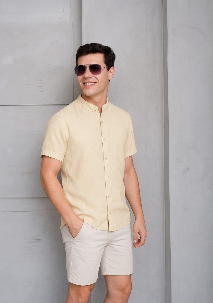 Camisa Lino Hombre Color Manga Corta - Imagen 6