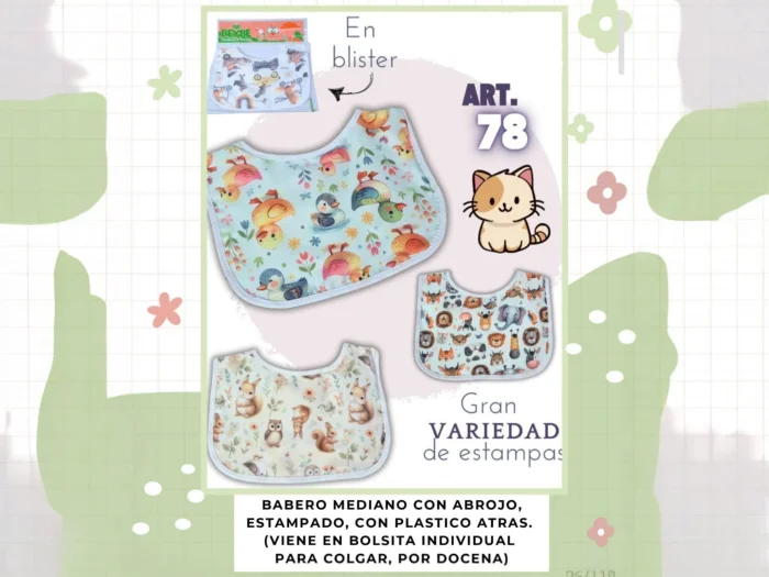 Babero Beybe Estampado de Pique y Plastico Pack por 12 (78) Surtido de Colores
