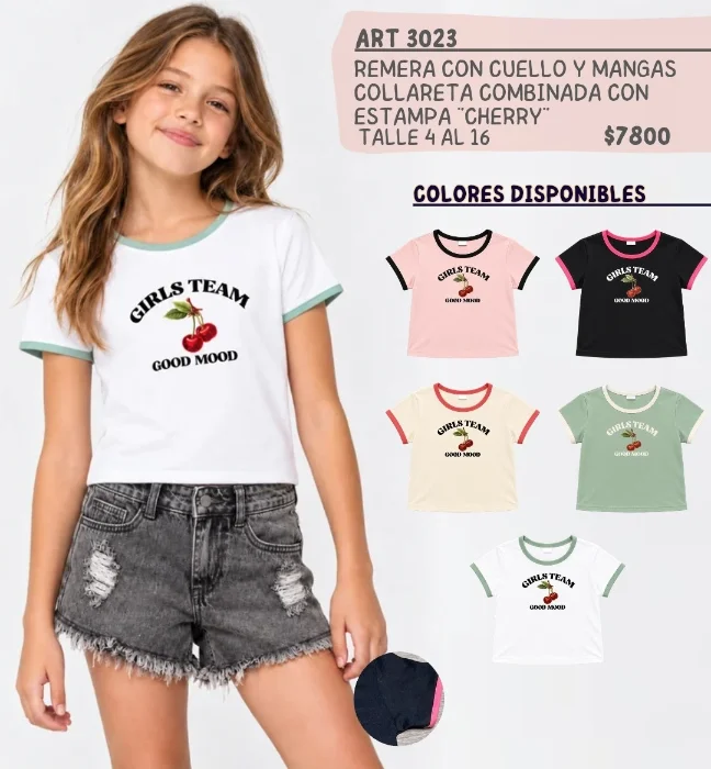 3023 Nena Remera Cuello y Manga Collareta Cherry