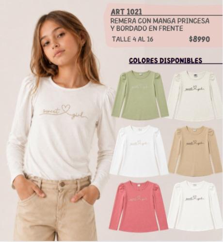 Remera Nena Clasica con Manga Princesa y Bordado Sweet Girl