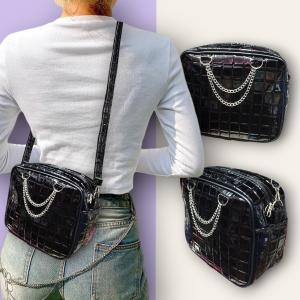 Bandolera Morral con Cadena, Varias Texturas, Mide 21cm X 18cm X 8cm, Marroquineria - Miniatura 2