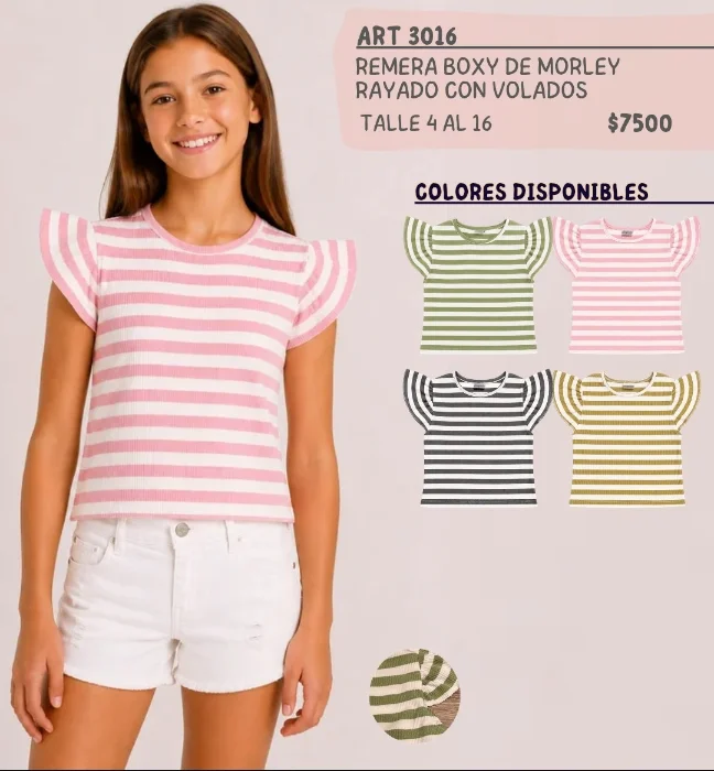 3016 Nena Remera Boxy Morley Rayado y Volados