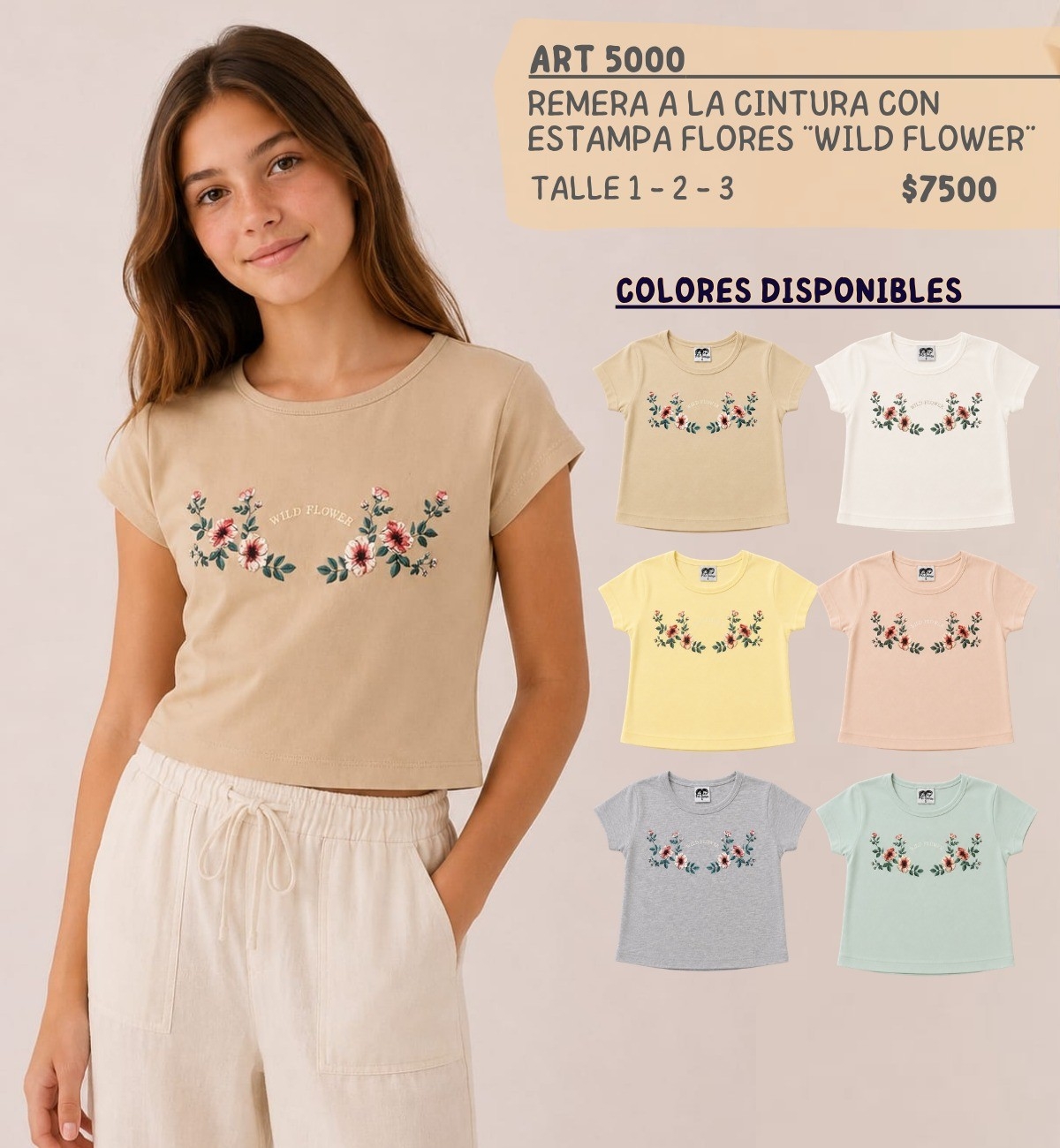 Niña Teen Remera a la Cintura con Estamapa Dtf Wild Flower - Imagen 1