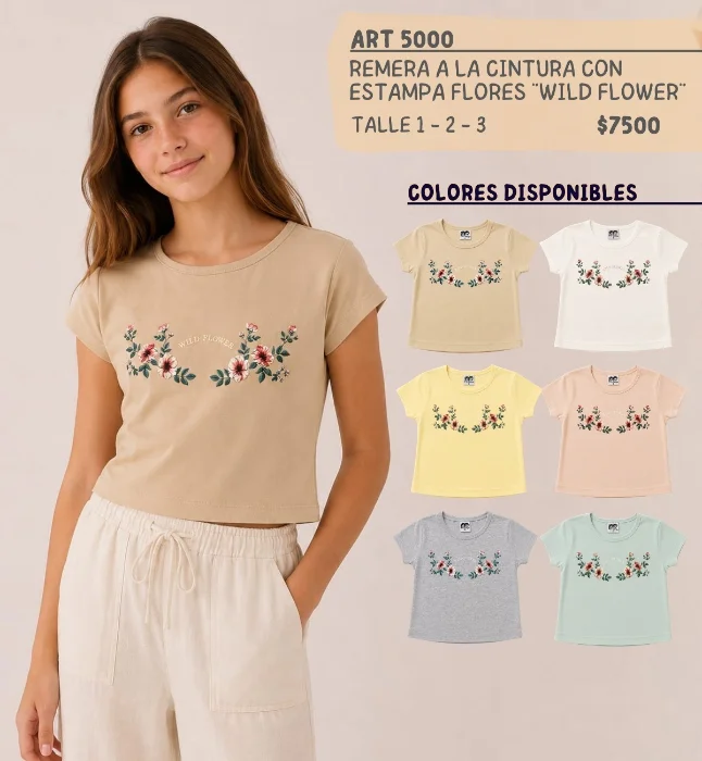 Niña Teen Remera a la Cintura con Estamapa Dtf Wild Flower