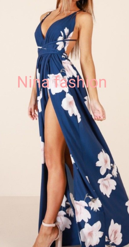 Vestido Largo Escote Largo Espalda Descubierta con Tiras para Atrás de Playa - Imagen 1