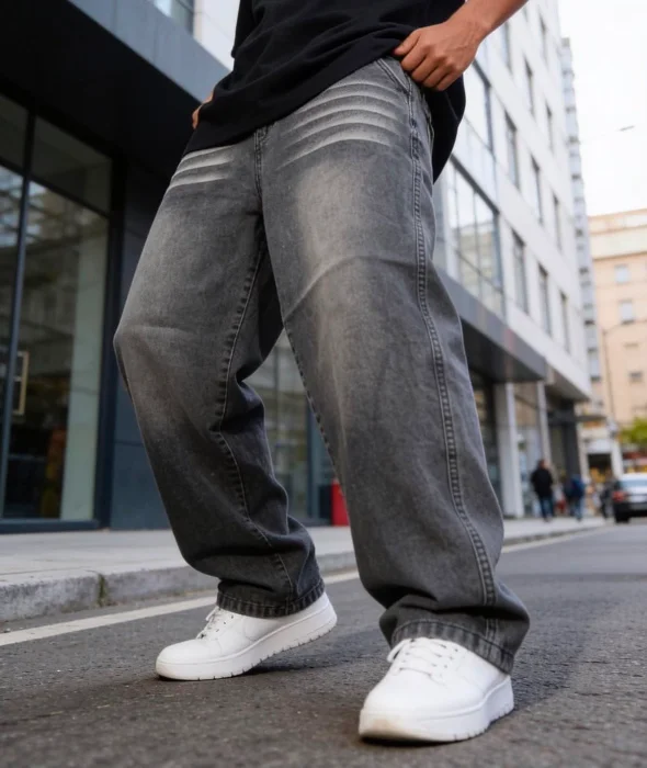 Jean Baggy Gris Oscuro Bigote Hombre