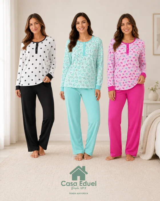 Pijama Señora Manga Larga Liviano Jersey Algodón C/botones