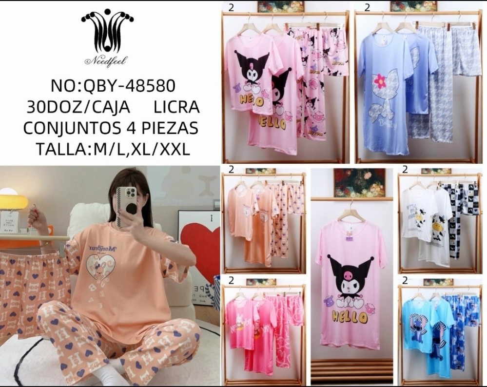 Pijama 4 Piezas Camisón Remera Short Pantalon - Imagen 2