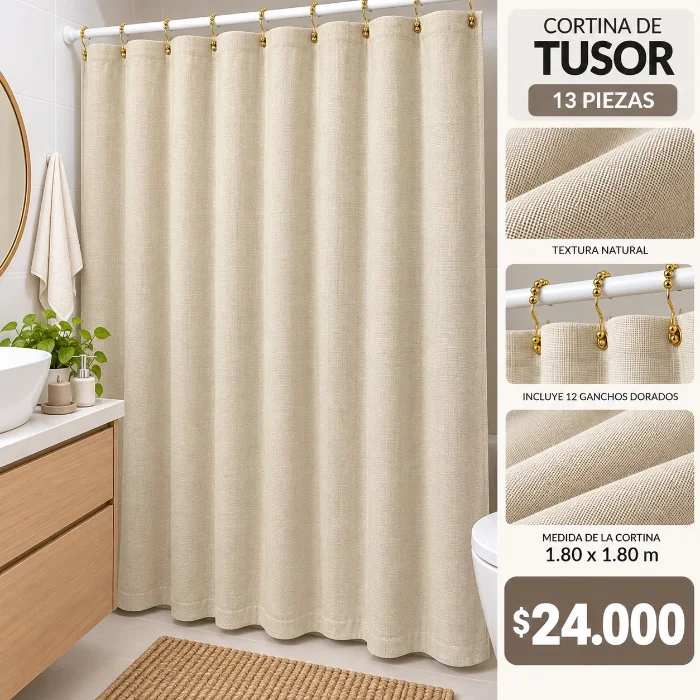 Cortina Tusor  Baño  + 12 Ganchos
