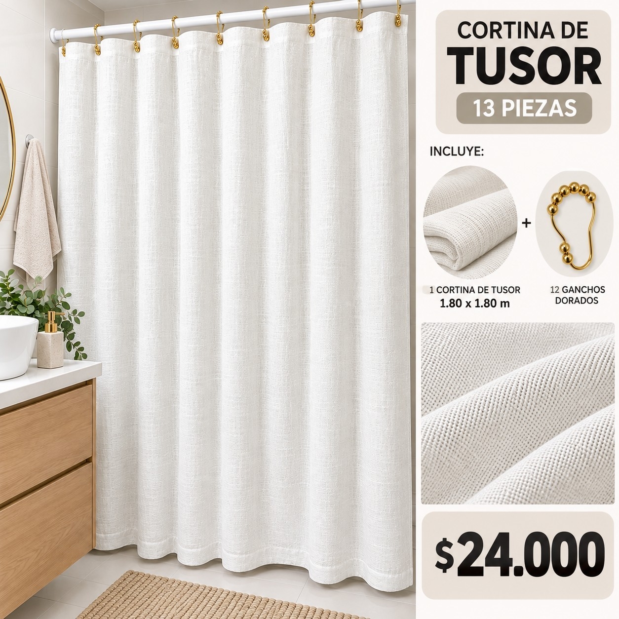 Cortina Tusor  Baño  + 12 Ganchos - Imagen 2