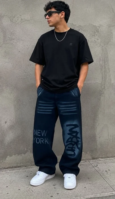 Jean Baggy Azul Hombre Tribal Rígido Diseño