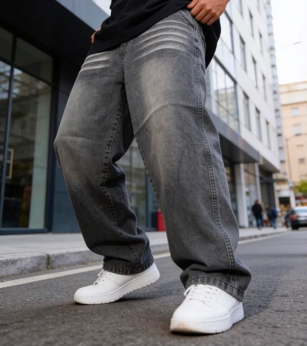 Jean Baggy Gris Oscuro Bigote Hombre