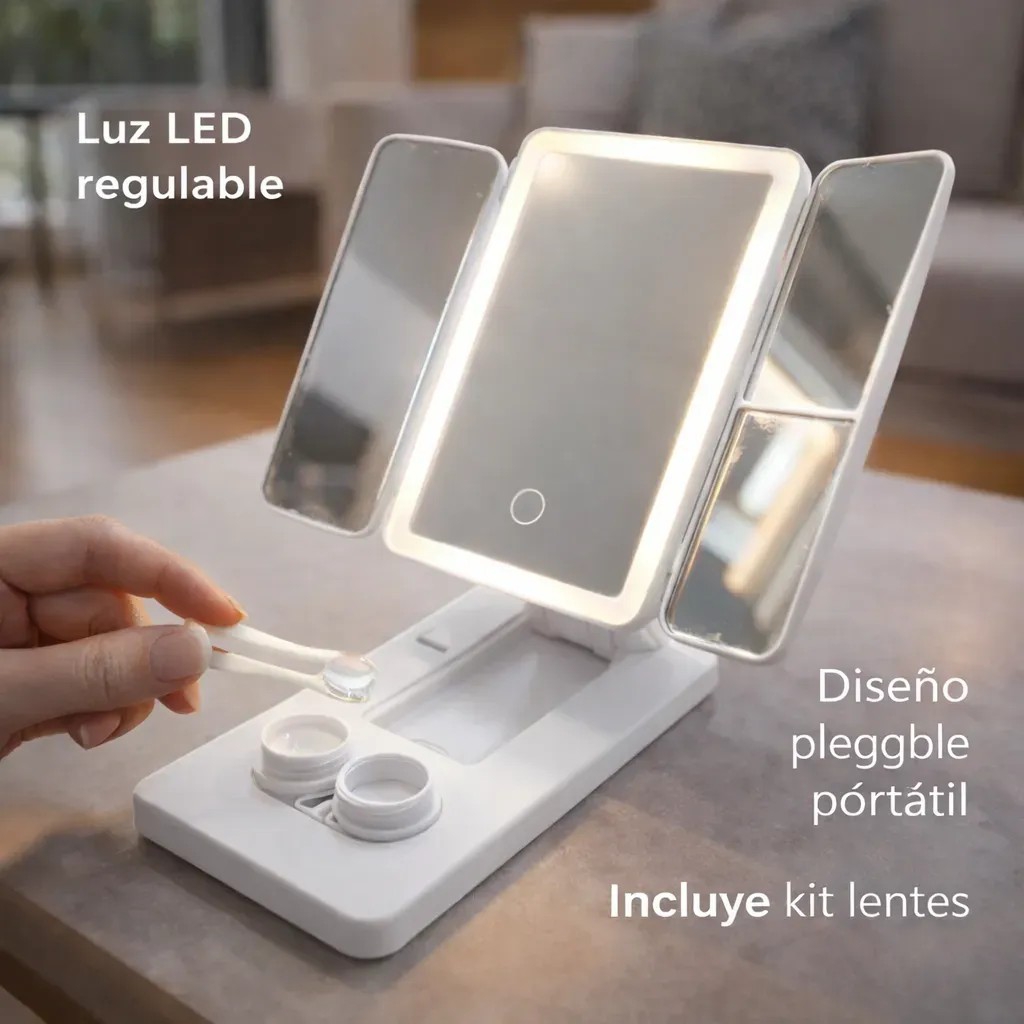 Espejo Led Plegable con Zoom y Porta Lentes de Contacto - Imagen 1
