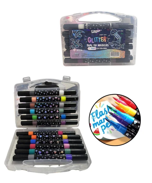 Marcadores con Brillo Doble Punta Estuche 12 Piezas(24 Colores)