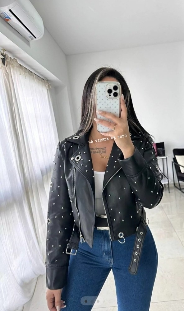 Campera Cuero Importado Yd Mujer Tachas Strass - Imagen 1