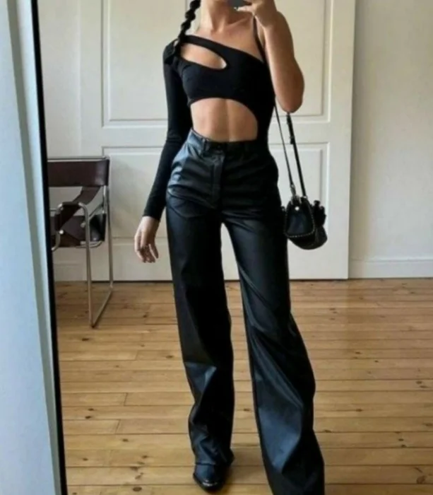 Palazzo Engomado Negro Dama Wide Leg