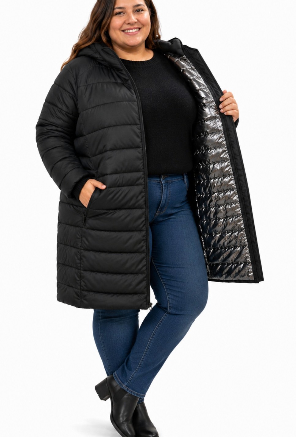 Campera Eco Cuero Largo con Piel/ Tapado Térmico Talla Especial - Imagen 4