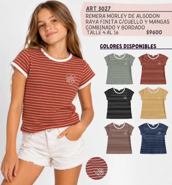 3027 Nena Remera Morley Raya Fina C/bordado Cuello y Mangas Diferenciada