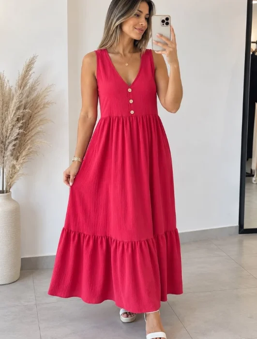 Vestido Largo Cey Liso Botones
