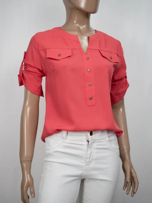 Camisola Cuello V con Botón Manga 3/4