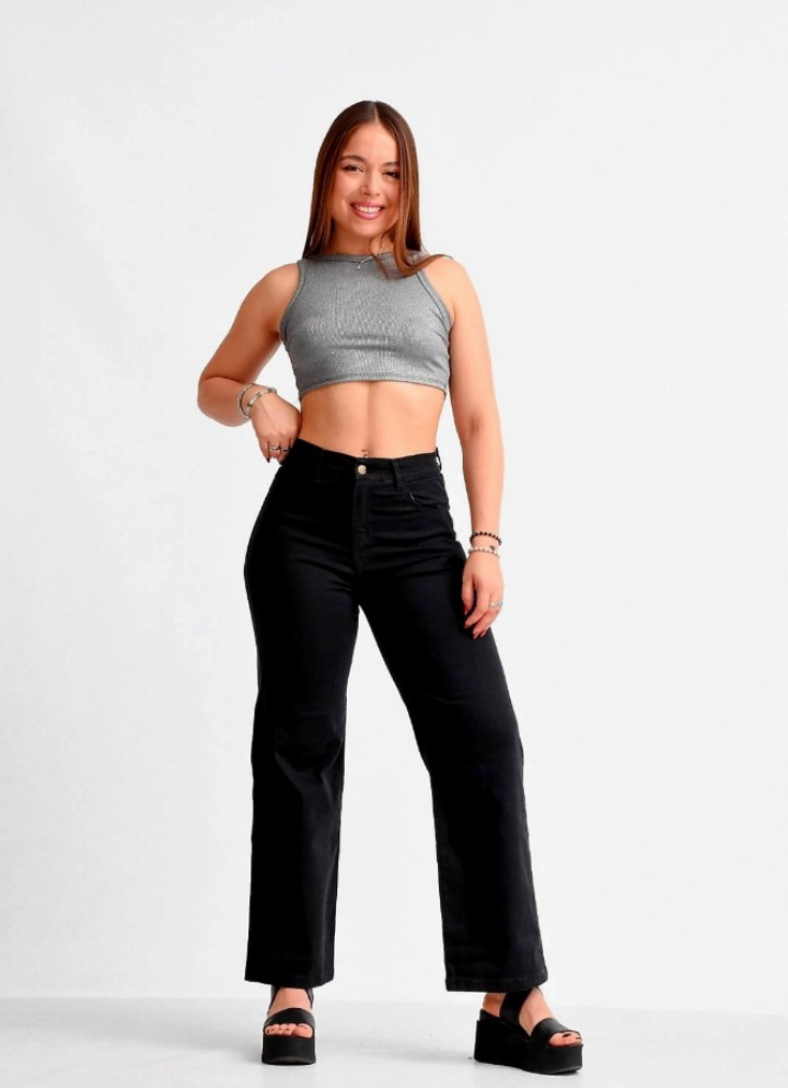 Jean Wide Leg Negro Dama Rígido Palazo - Imagen 2