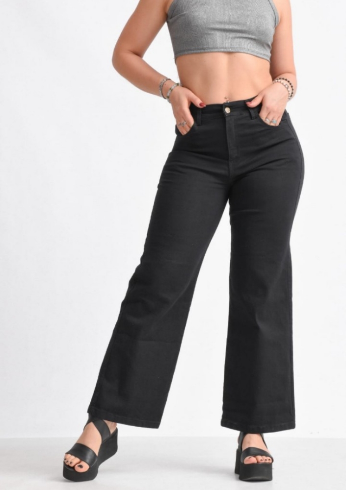Jean Wide Leg Negro Dama Rígido Palazo - Imagen 5