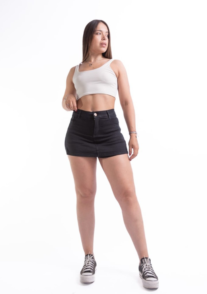 Short Pollera Jean Negro Dama Rígido - Imagen 3