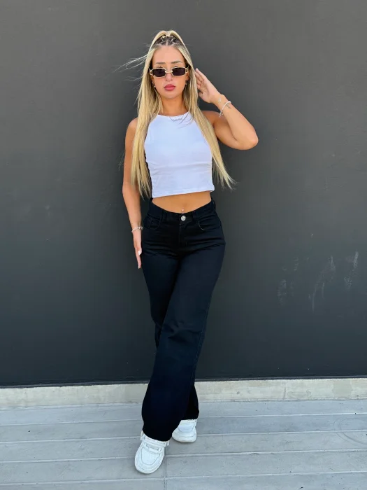 Wide Leg Palazo Jean Negro Dama