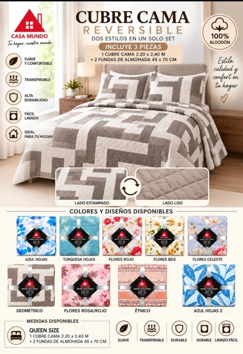 Cubrecama Reversible 2 1/2 + Fundas Casamundo