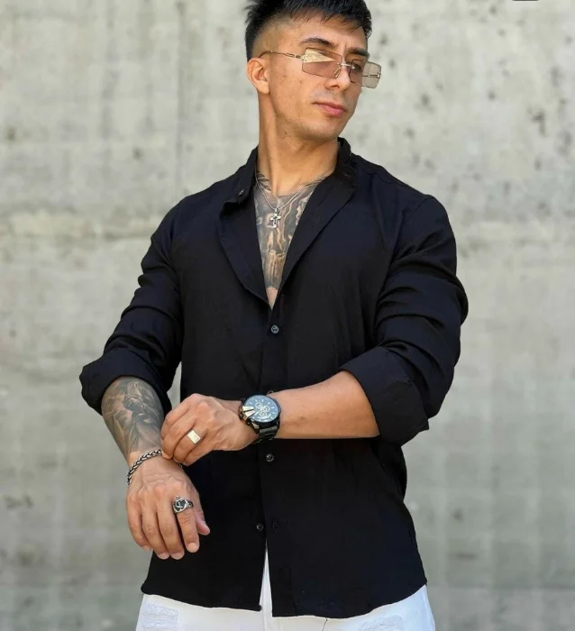 Camisa Lino Cuello Mao Manga Larga