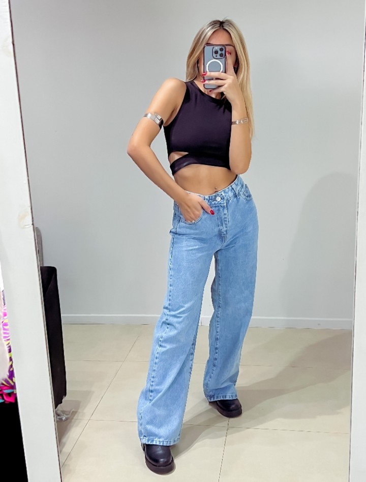 Jean Wide Leg Dama Celeste Clarito Rígido Palazo - Imagen 3