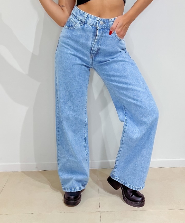 Jean Wide Leg Dama Celeste Clarito Rígido Palazo - Imagen 7