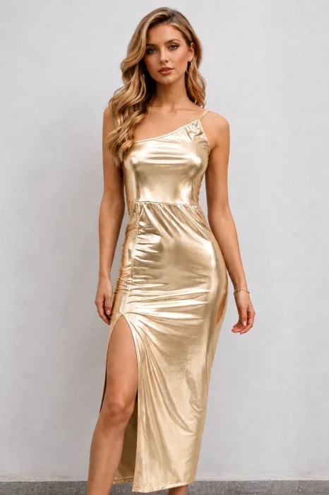 Vestido Largo un Hombro Bretel - Foil Metal