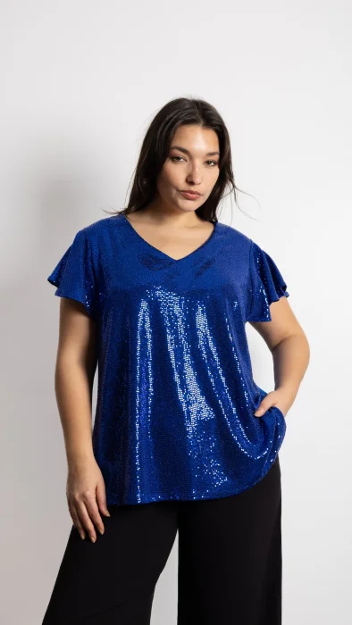 Romina - Remera  Cuello V Brillos  Crep Cey