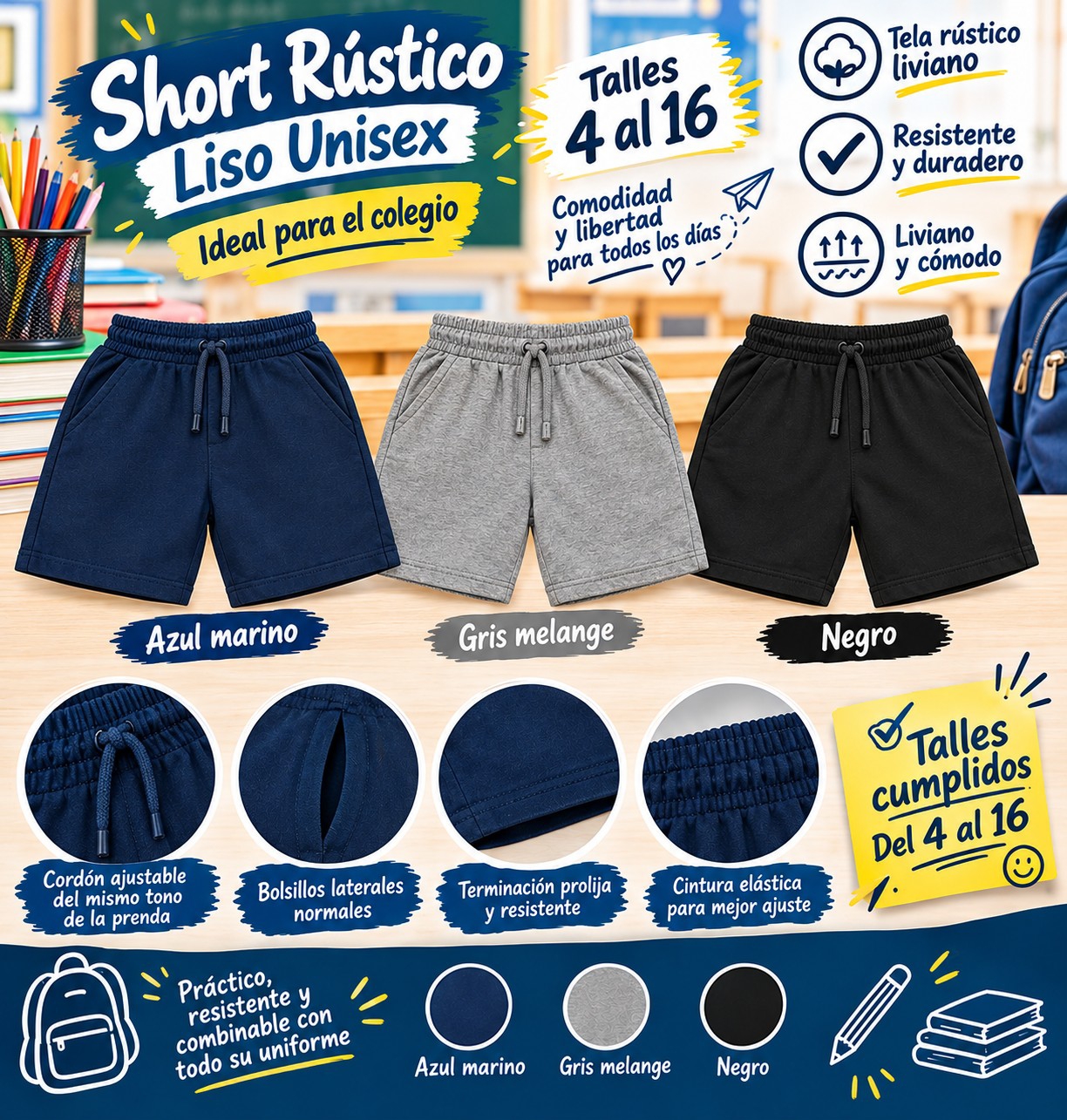 Short Lisos Unisex Colegial - Imagen 3