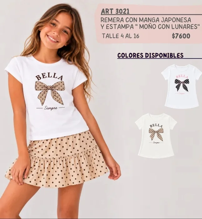 3021 Nena Remera Manga Japonesa Moño y Lunares