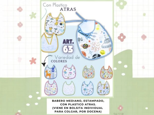 Babero Forrado en Plastico en Blister Individual Art. 63 Pack X12 Surtido de Colores
