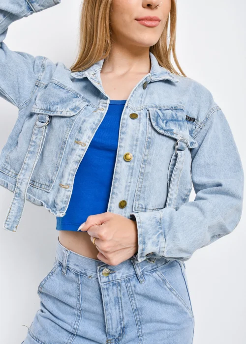 9302 Campera Jean Cargo Celeste Rígida