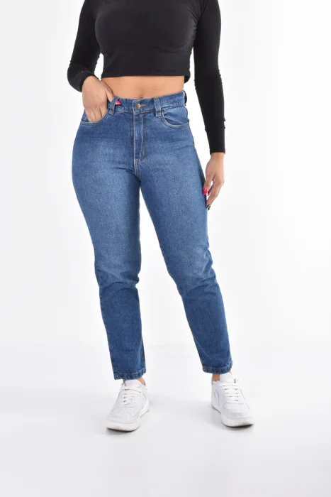 9101 Pantalon Jean Mom Fit Azul Rígido Localizado