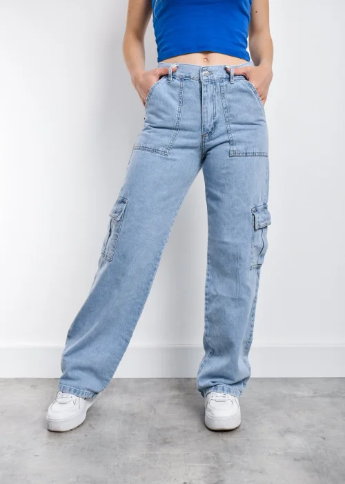 9105 Pantalon Jean Wide Leg Cargo Celeste