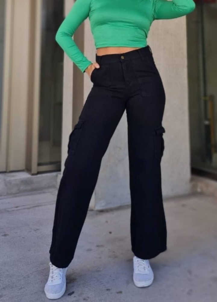 Jeans Wide Leg Dama " Cargo " Negro - Imagen 5