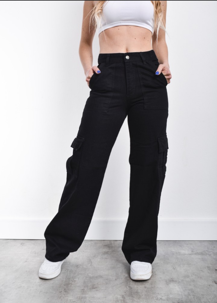 Jeans Wide Leg Dama " Cargo " Negro - Imagen 2
