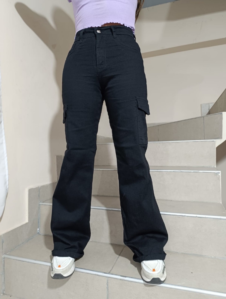 Jeans Wide Leg Dama " Cargo " Negro - Imagen 3