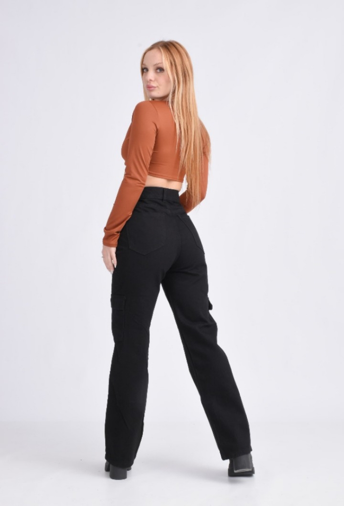 Jeans Wide Leg Dama " Cargo " Negro - Imagen 4