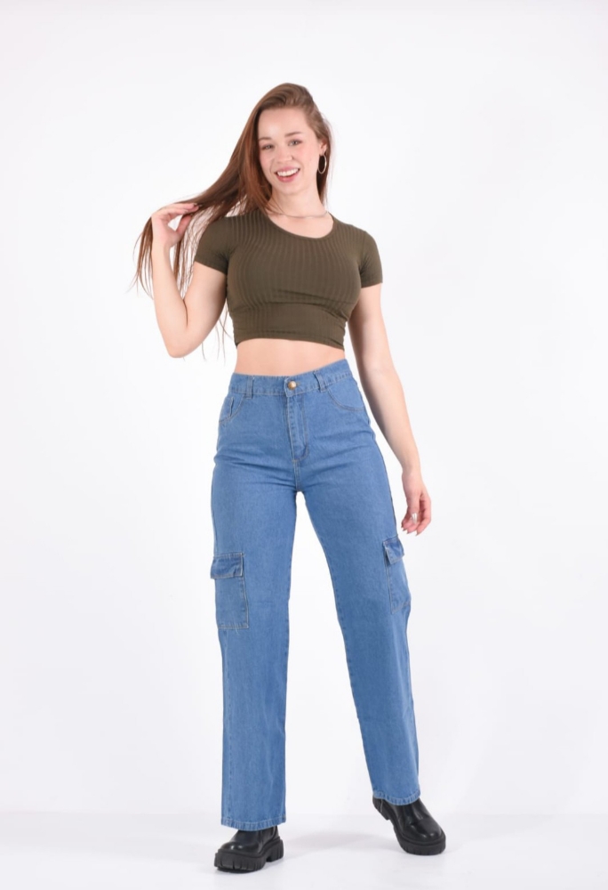 Jeans Wide " Cargo " Dama Celeste - Imagen 2