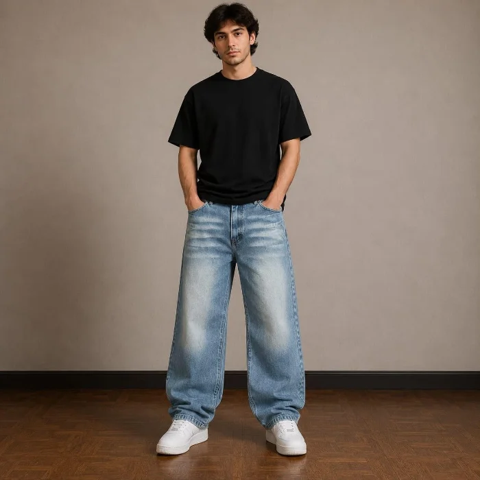 Jean Baggy Celeste Hombre Rígido Bigote
