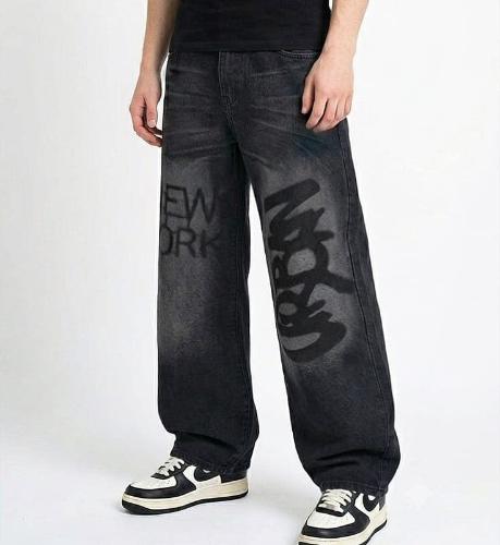 Jean Baggy Gris Bigote Localizado Grafiti Tribal Diseño Hombre