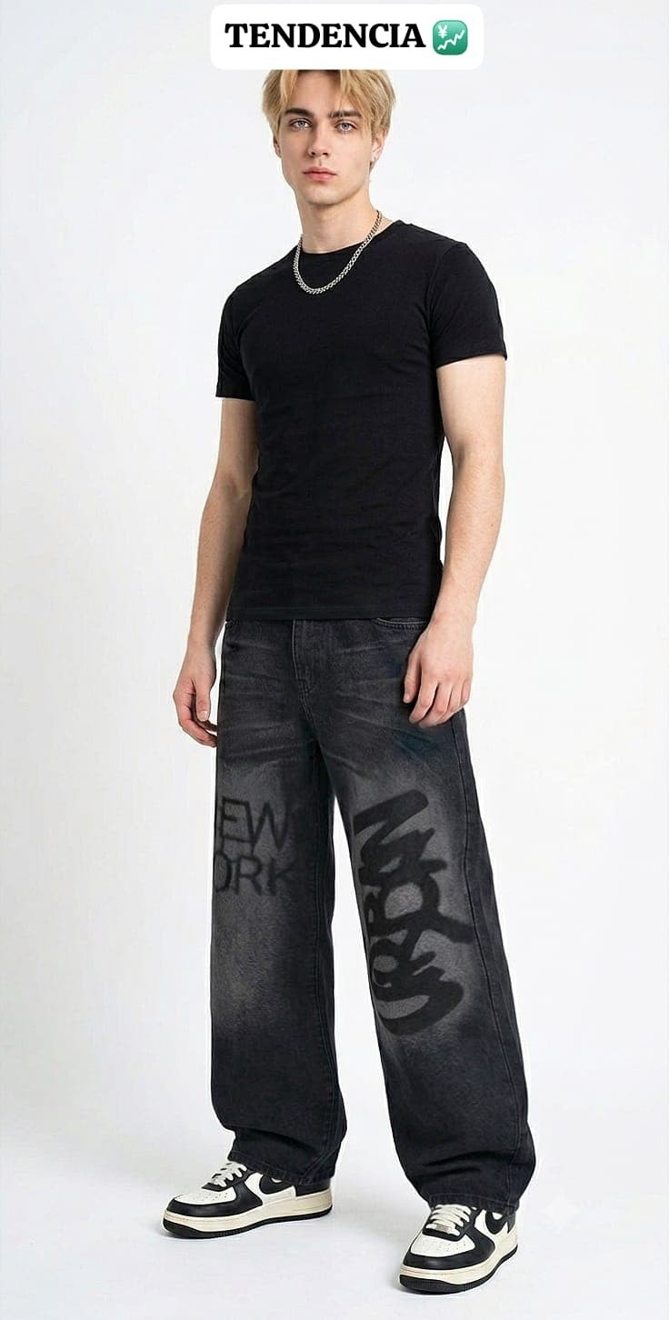 Jean Baggy Gris Bigote Localizado Grafiti Tribal Diseño Hombre - Imagen 2